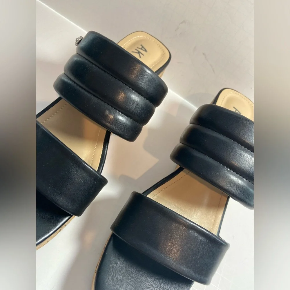 Anne Klein~Neutral~Black~Faux Leather~Open Toe~Slip-On Cork Wedge Sandal~Size 9